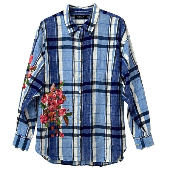 Lauren Ralph Lauren Tops - LAUREN Ralph Lauren Women's Blue Plaid Linen Shirt 1X Embroidered Floral - CJ